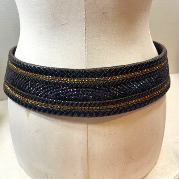 Barrera Beaded Rhinestones Wide Braided Leather BOHO Waist Belt Navy 30\